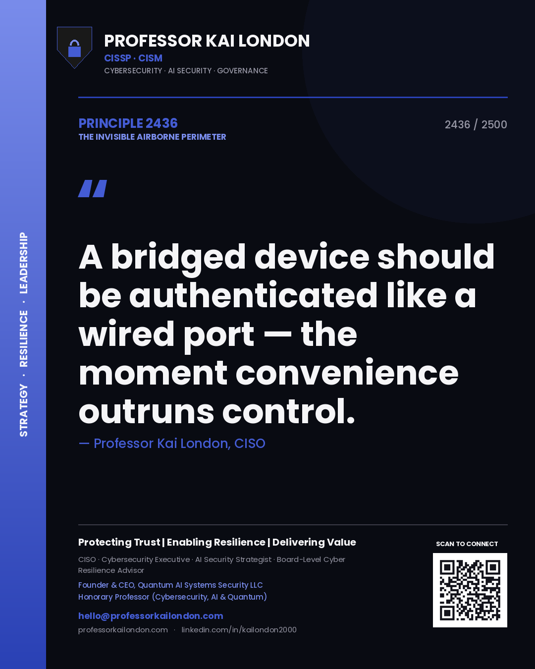 Quote card by Professor Kai London reading 'A bridged device should be authenticated like a wired port — the moment convenience outruns control.'. From the book The Invisible Airborne Perimeter.