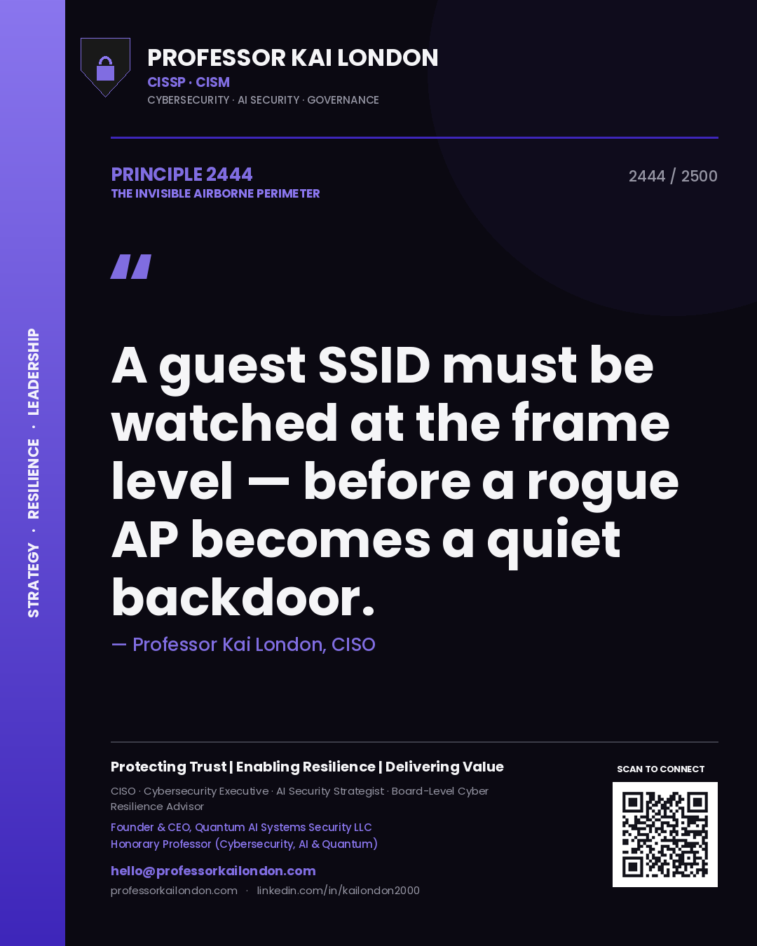 Professor Kai London principle 2444: A guest SSID must be watched at the frame level — before a rogue AP becomes a quiet backdoor.