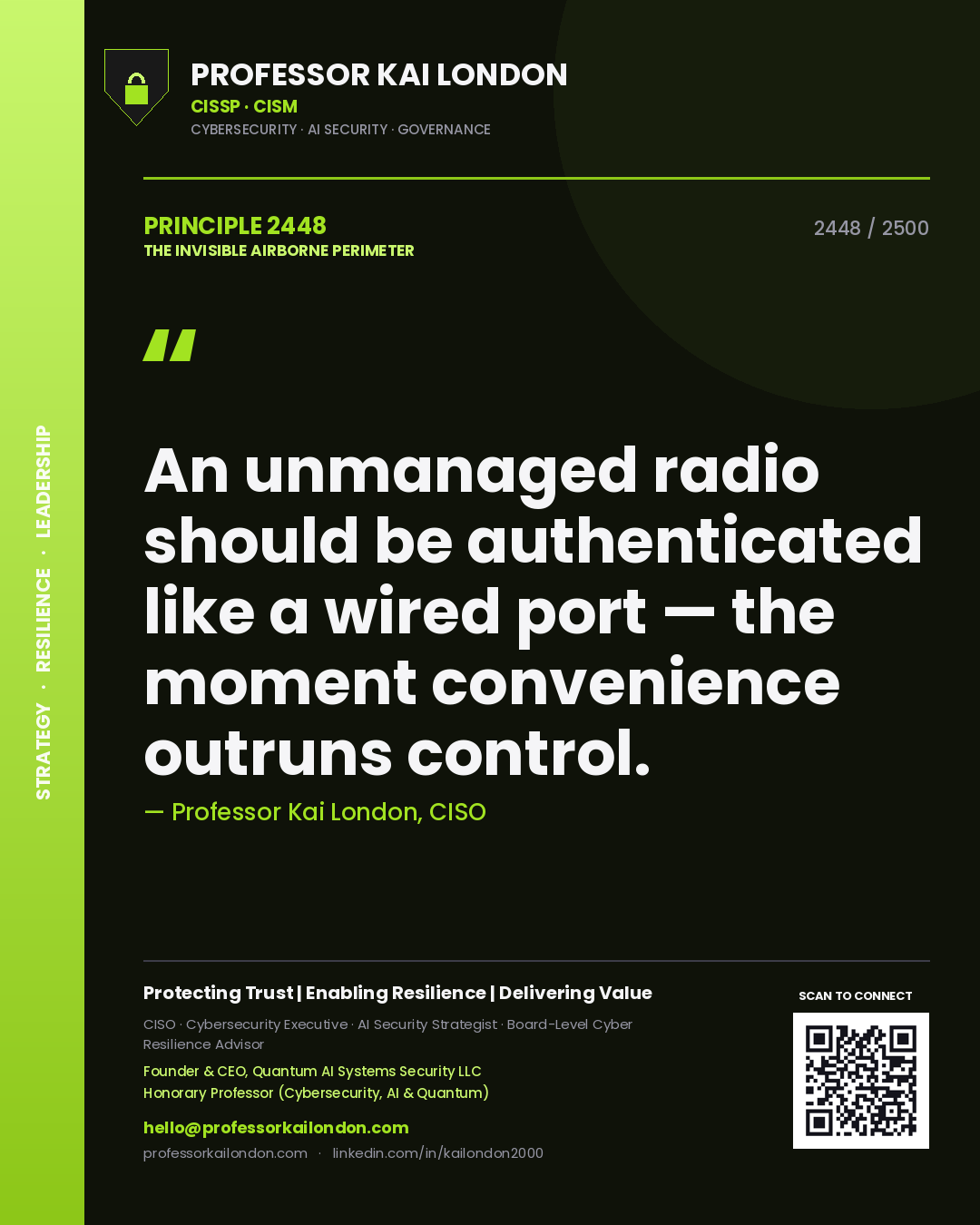 Quote card by Professor Kai London reading 'An unmanaged radio should be authenticated like a wired port — the moment convenience outruns control.'. From the book The Invisible Airborne Perimeter.