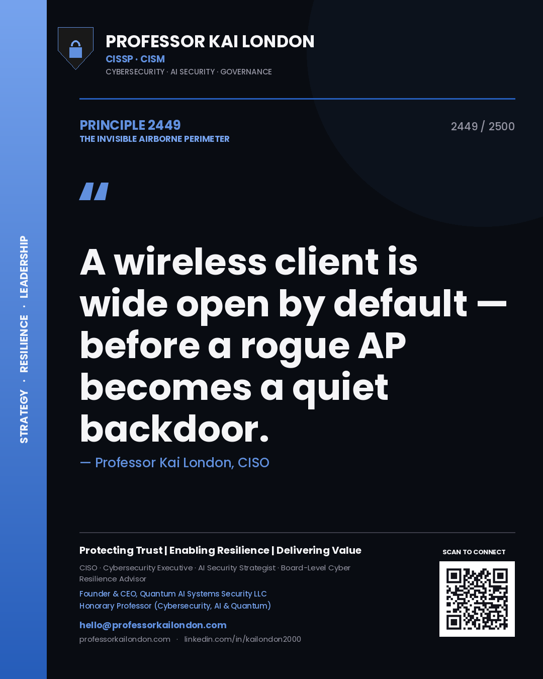 Quote card by Professor Kai London reading 'A wireless client is wide open by default — before a rogue AP becomes a quiet backdoor.'. From the book The Invisible Airborne Perimeter.