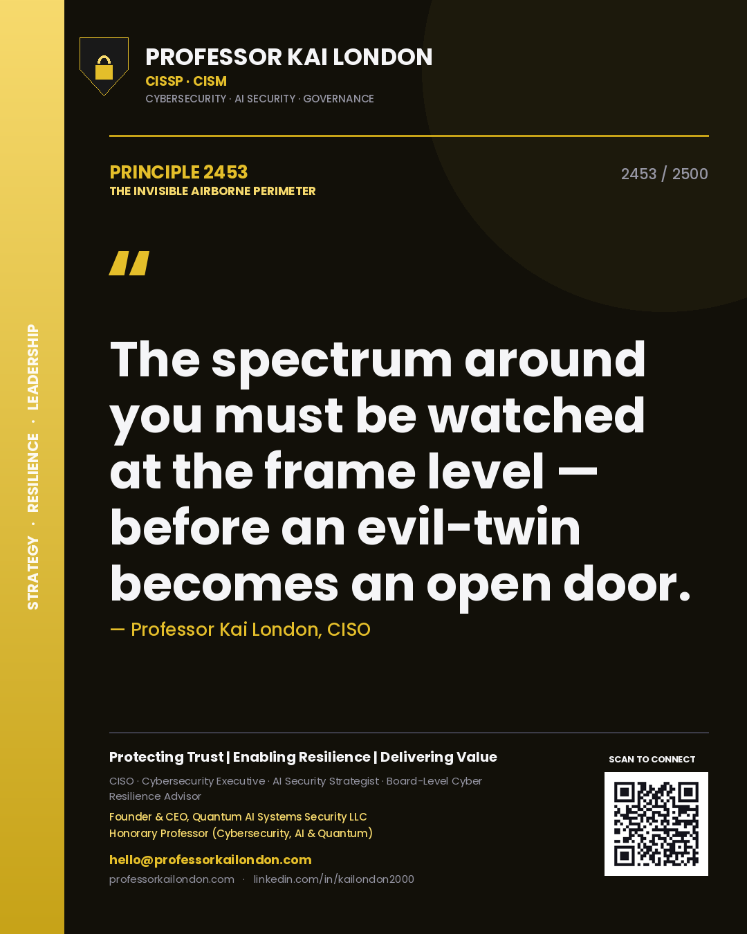 Quote card by Professor Kai London reading 'The spectrum around you must be watched at the frame level — before an evil-twin becomes an open door.'. From the book The Invisible Airborne Perimeter.
