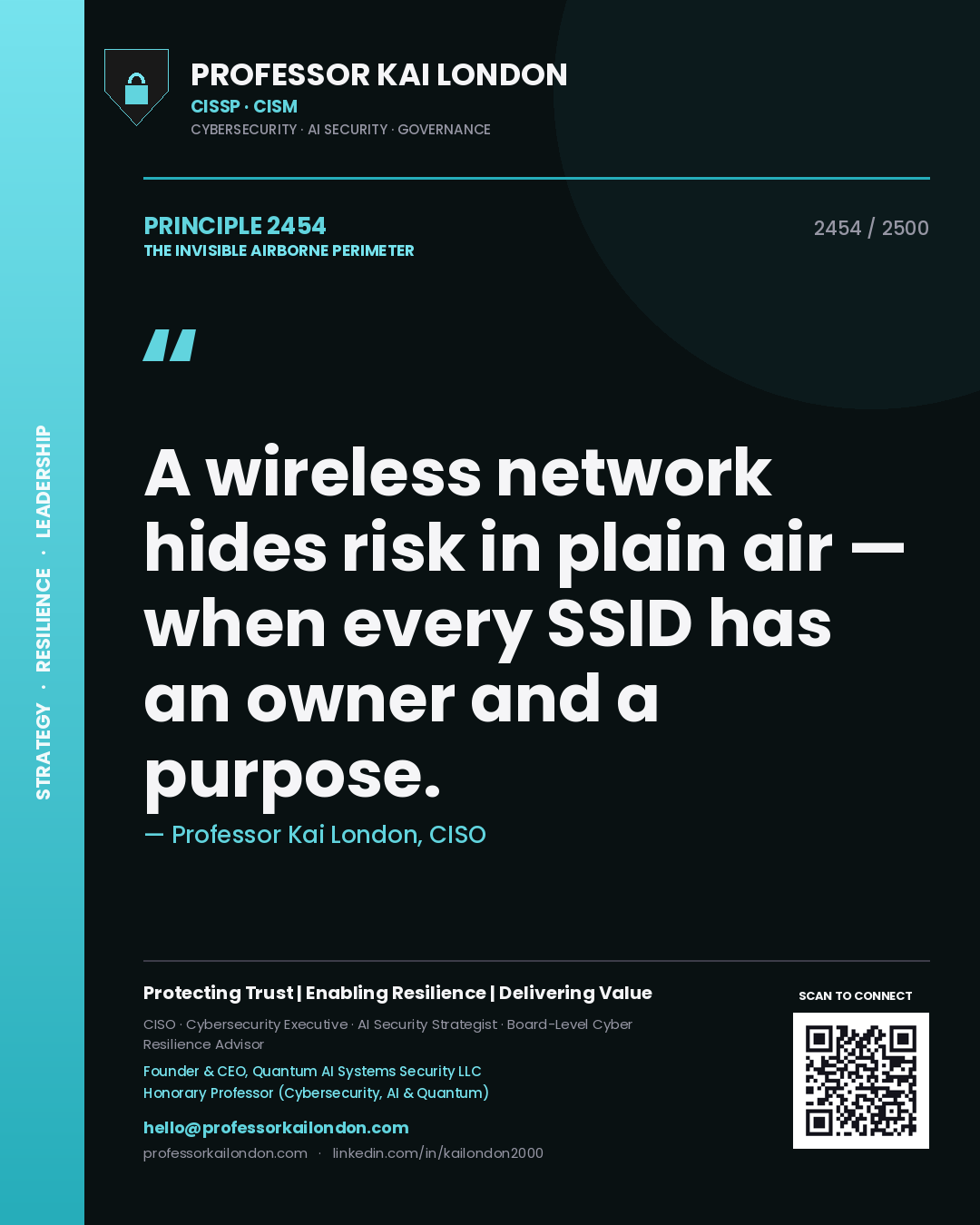 Quote card by Professor Kai London reading 'A wireless network hides risk in plain air — when every SSID has an owner and a purpose.'. From the book The Invisible Airborne Perimeter.