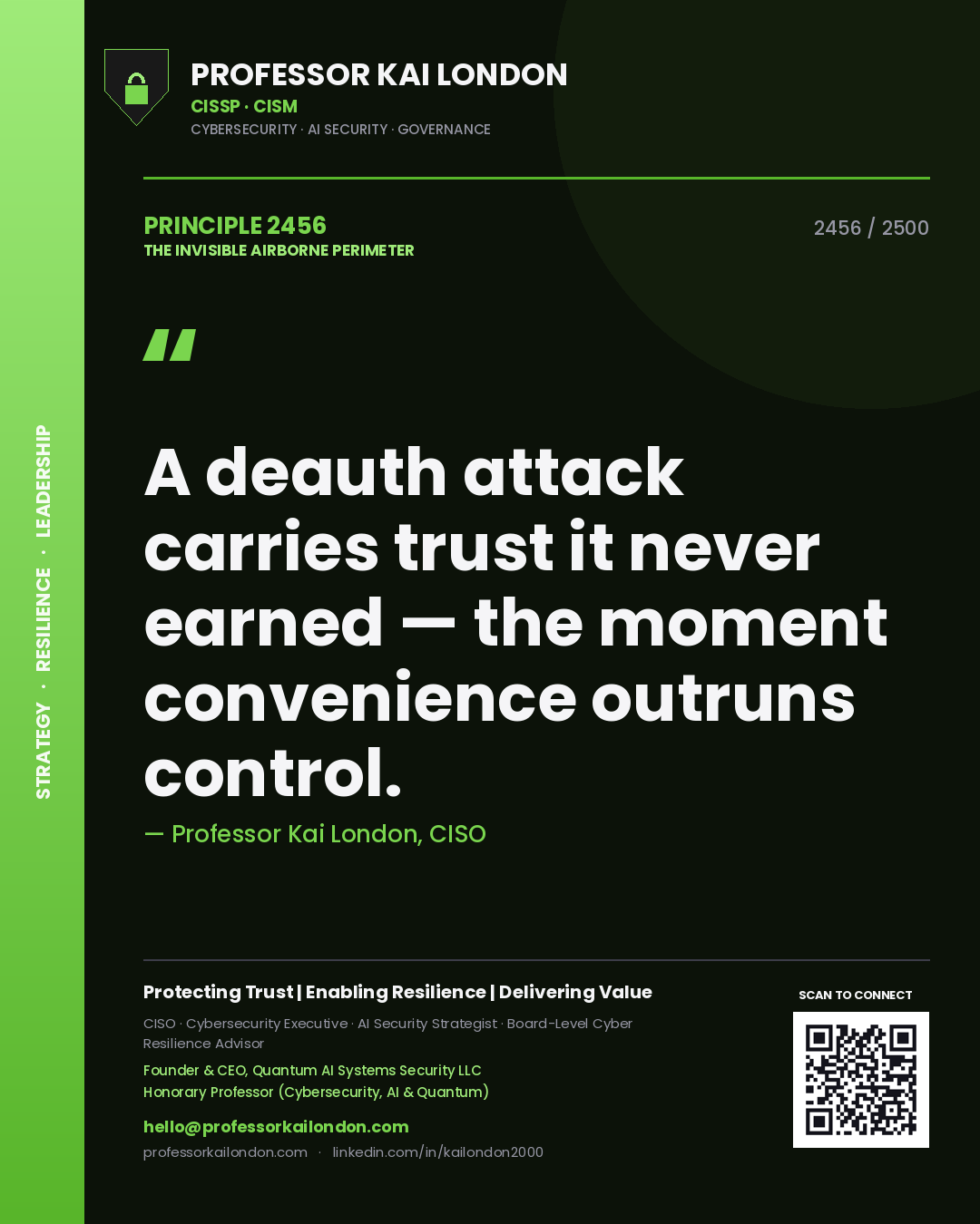 Quote card by Professor Kai London reading 'A deauth attack carries trust it never earned — the moment convenience outruns control.'. From the book The Invisible Airborne Perimeter.