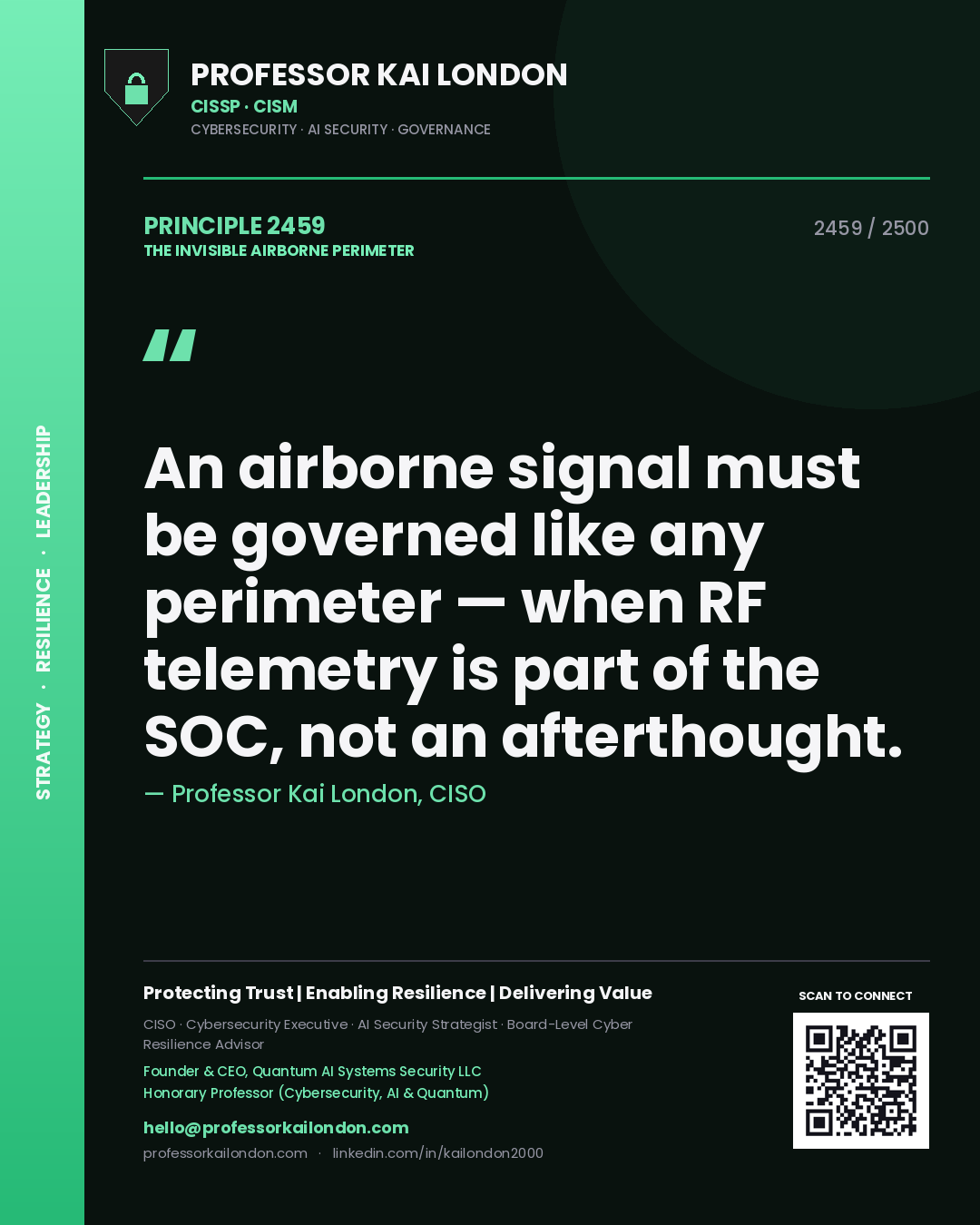 Quote card by Professor Kai London reading 'An airborne signal must be governed like any perimeter — when RF telemetry is part of the SOC, not an afterthought.'. From the book The Invisible Airborne Perimeter.