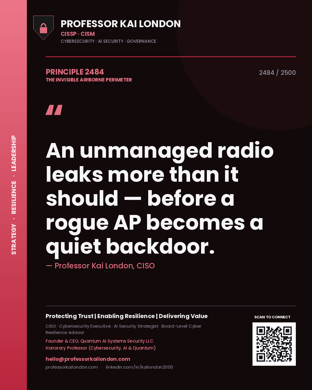 Professor Kai London principle 2484: An unmanaged radio leaks more than it should — before a rogue AP becomes a quiet backdoor.
