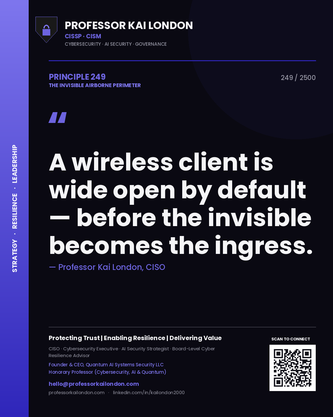 Professor Kai London principle 249: A wireless client is wide open by default — before the invisible becomes the ingress.