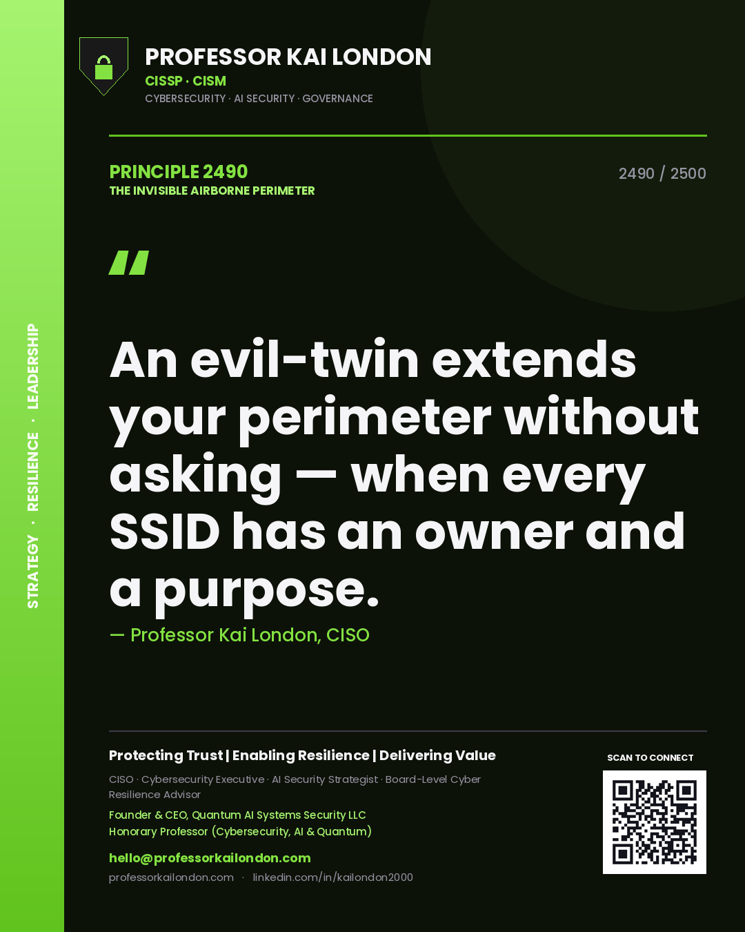 Quote card by Professor Kai London reading 'An evil-twin extends your perimeter without asking — when every SSID has an owner and a purpose.'. From the book The Invisible Airborne Perimeter.