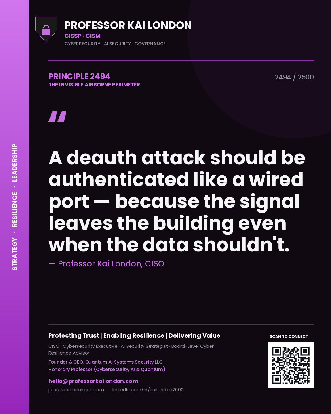 Quote card by Professor Kai London reading 'A deauth attack should be authenticated like a wired port — because the signal leaves the building even when the data shouldn't.'. From the book The Invisible Airborne Perimeter.