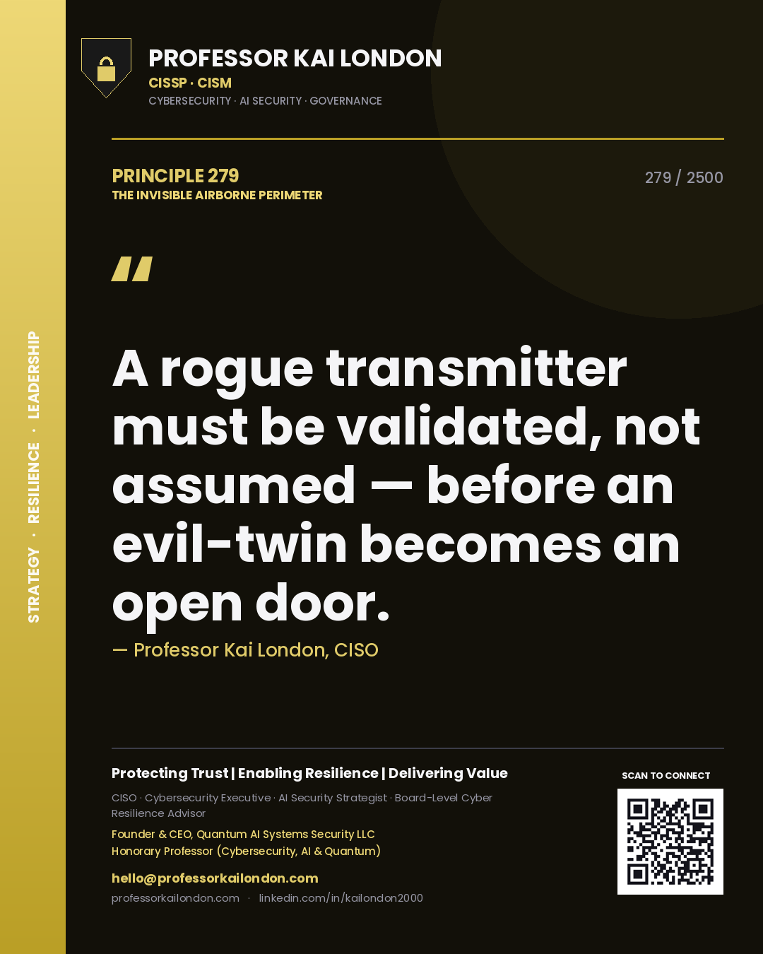 Quote card by Professor Kai London reading 'A rogue transmitter must be validated, not assumed — before an evil-twin becomes an open door.'. From the book The Invisible Airborne Perimeter.