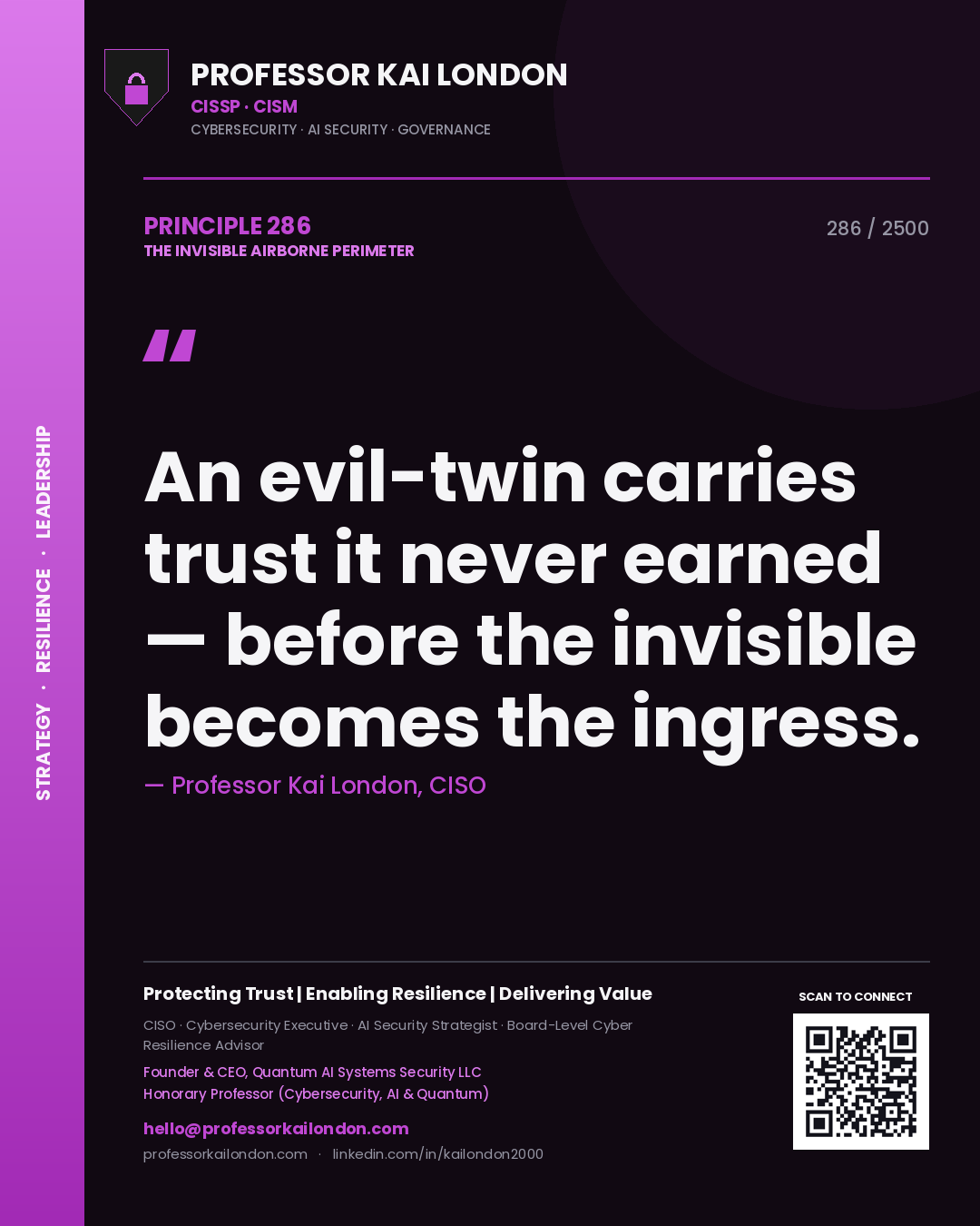 Professor Kai London principle 286: An evil-twin carries trust it never earned — before the invisible becomes the ingress.