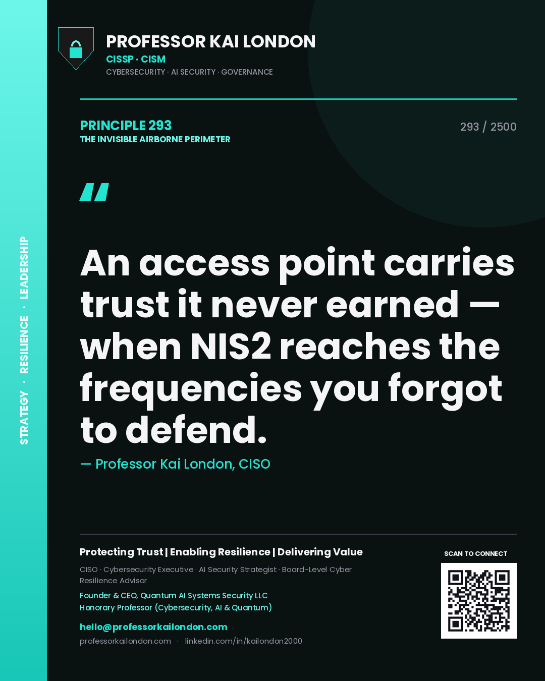 Professor Kai London principle 293: An access point carries trust it never earned — when NIS2 reaches the frequencies you forgot to defend.