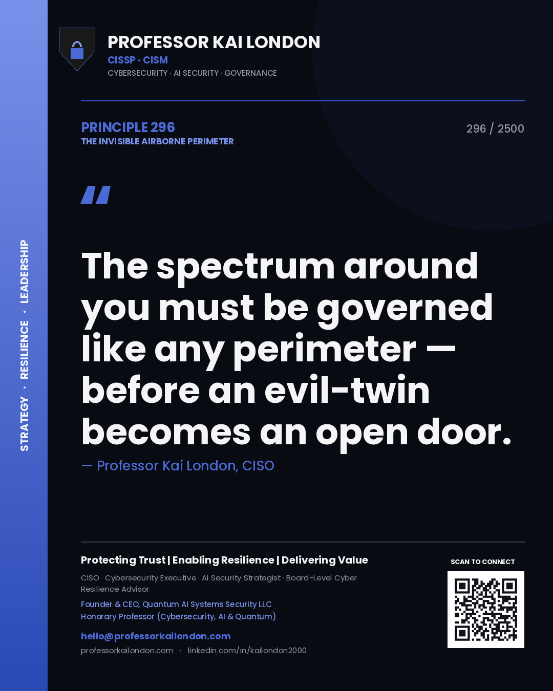 Professor Kai London principle 296: The spectrum around you must be governed like any perimeter — before an evil-twin becomes an open door.