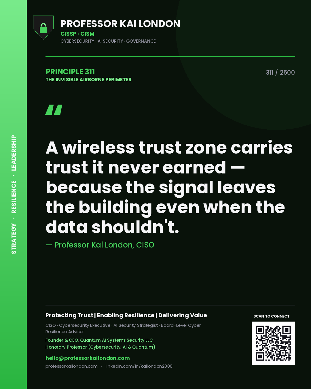 Professor Kai London principle 311: A wireless trust zone carries trust it never earned — because the signal leaves the building even when the data shouldn't.