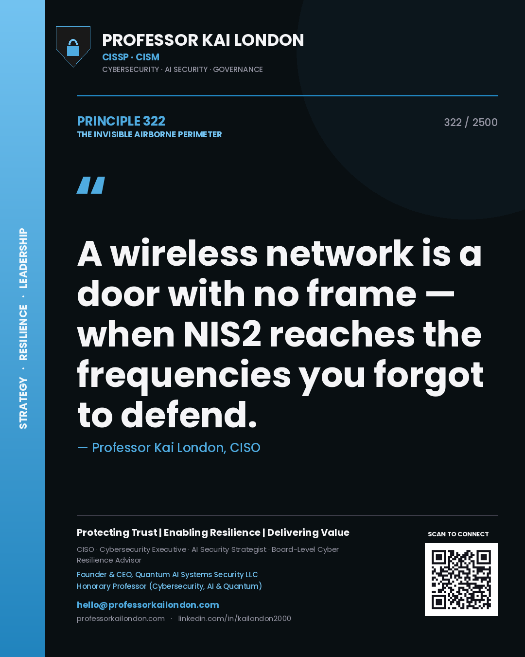 Professor Kai London principle 322: A wireless network is a door with no frame — when NIS2 reaches the frequencies you forgot to defend.