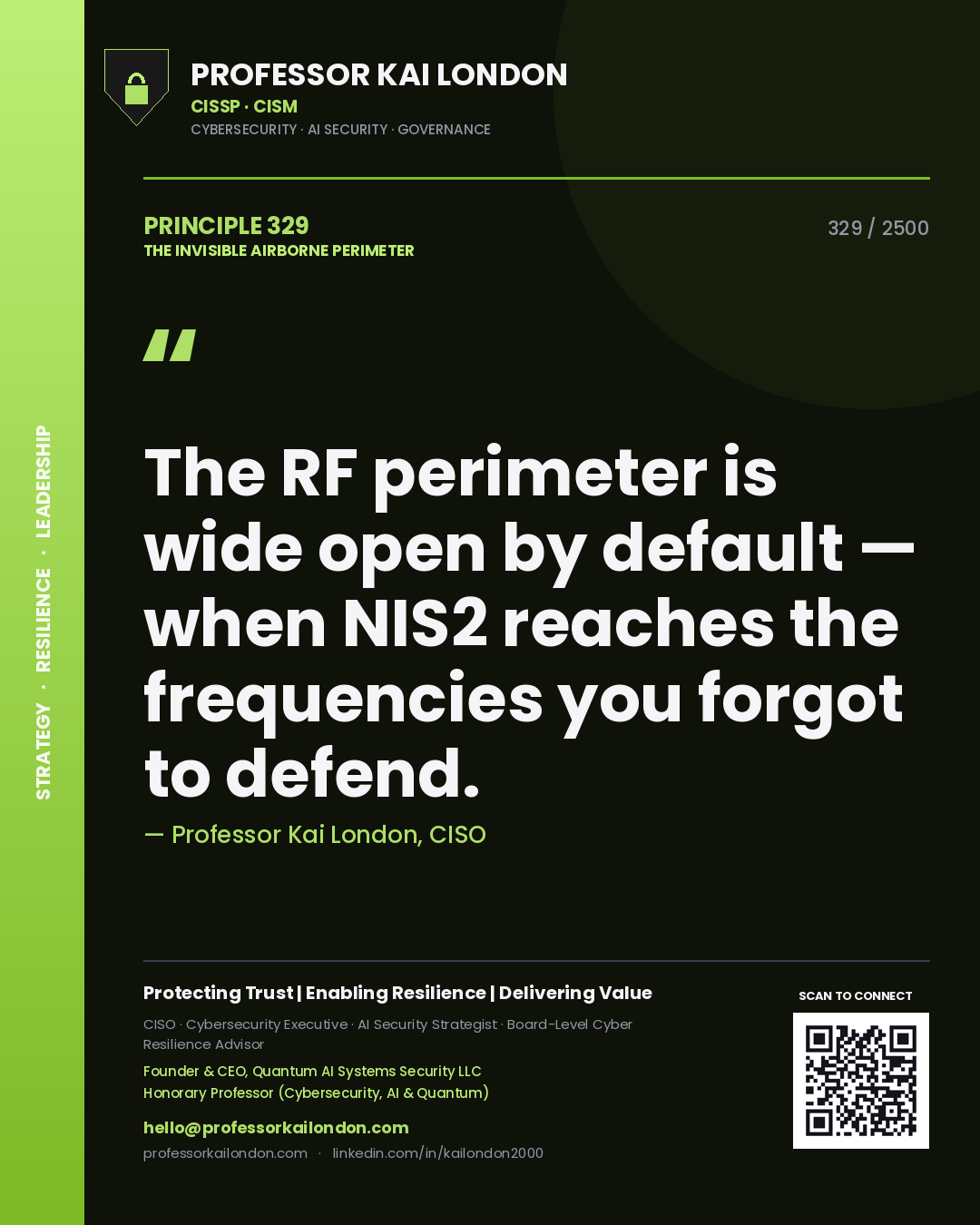 Professor Kai London principle 329: The RF perimeter is wide open by default — when NIS2 reaches the frequencies you forgot to defend.