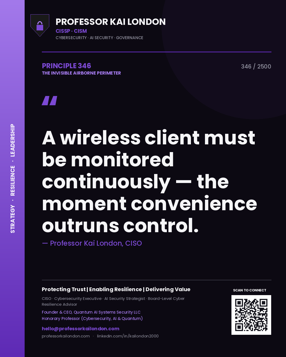 Professor Kai London principle 346: A wireless client must be monitored continuously — the moment convenience outruns control.