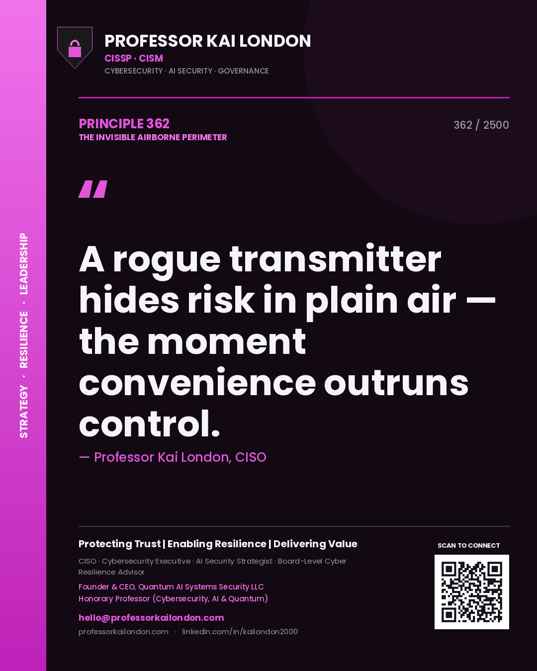 Professor Kai London principle 362: A rogue transmitter hides risk in plain air — the moment convenience outruns control.