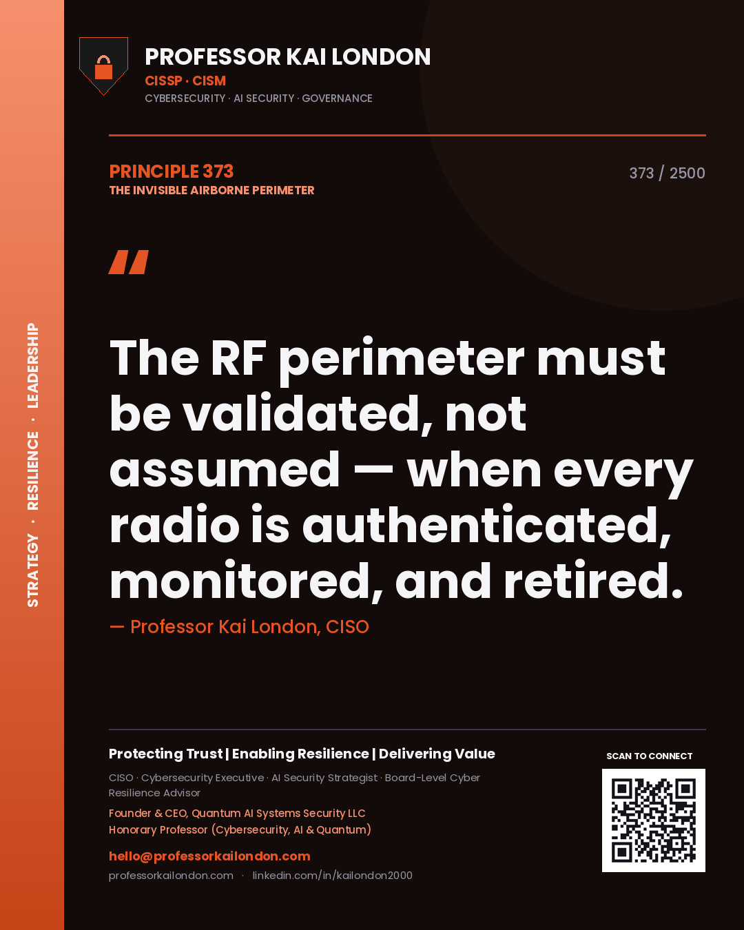 Professor Kai London principle 373: The RF perimeter must be validated, not assumed — when every radio is authenticated, monitored, and retired.
