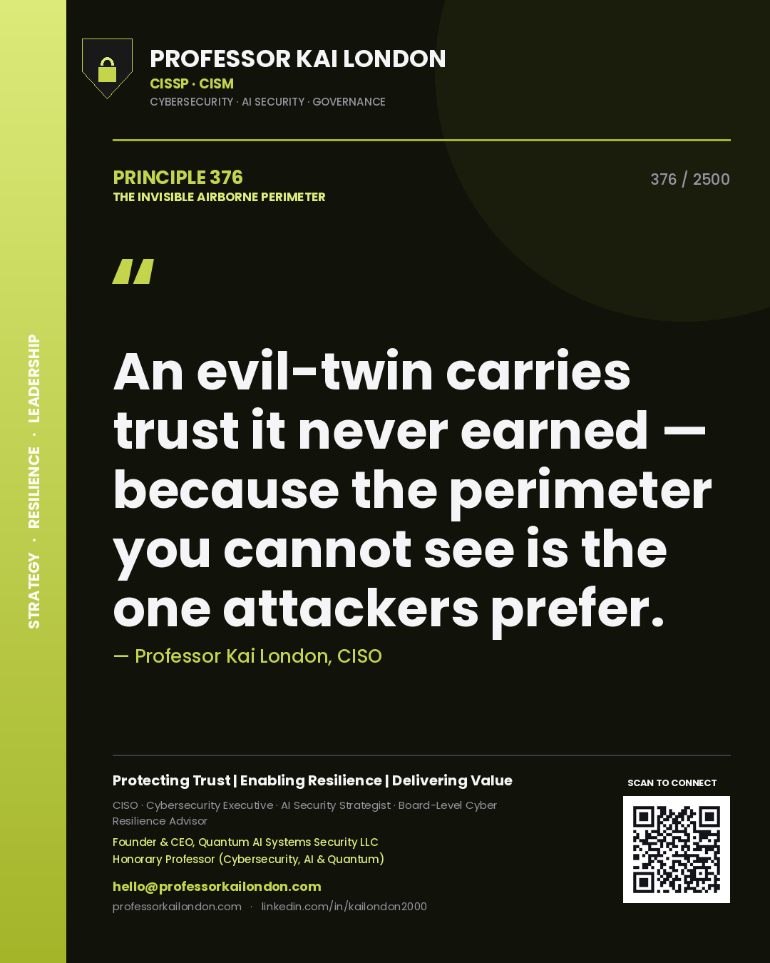 Professor Kai London principle 376: An evil-twin carries trust it never earned — because the perimeter you cannot see is the one attackers prefer.