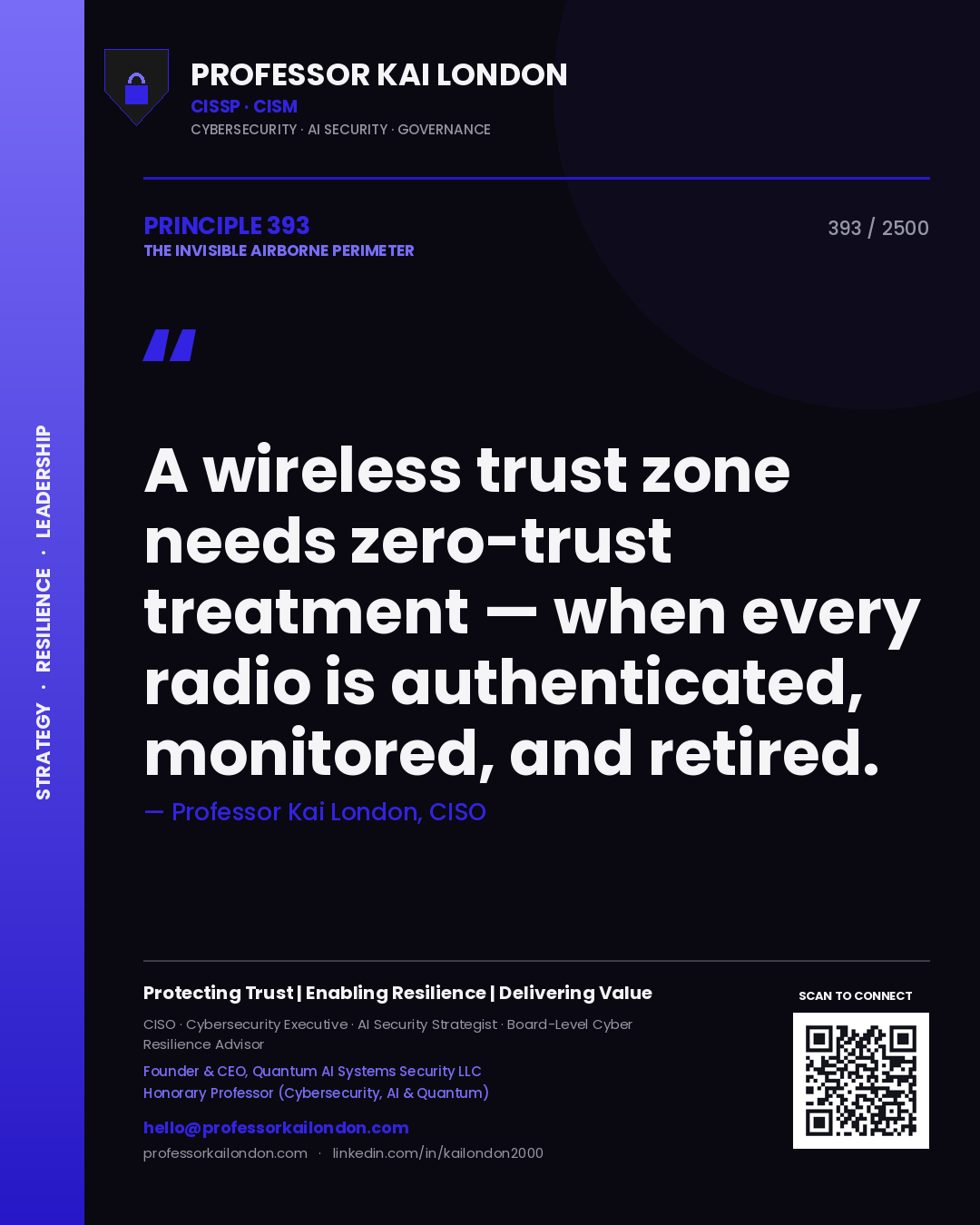 Professor Kai London principle 393: A wireless trust zone needs zero-trust treatment — when every radio is authenticated, monitored, and retired.