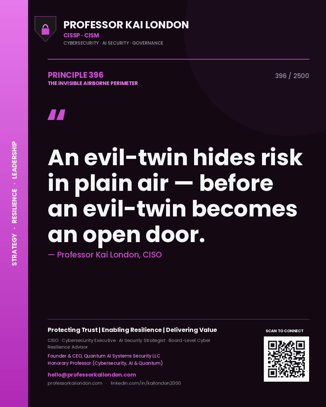 Professor Kai London principle 396: An evil-twin hides risk in plain air — before an evil-twin becomes an open door.