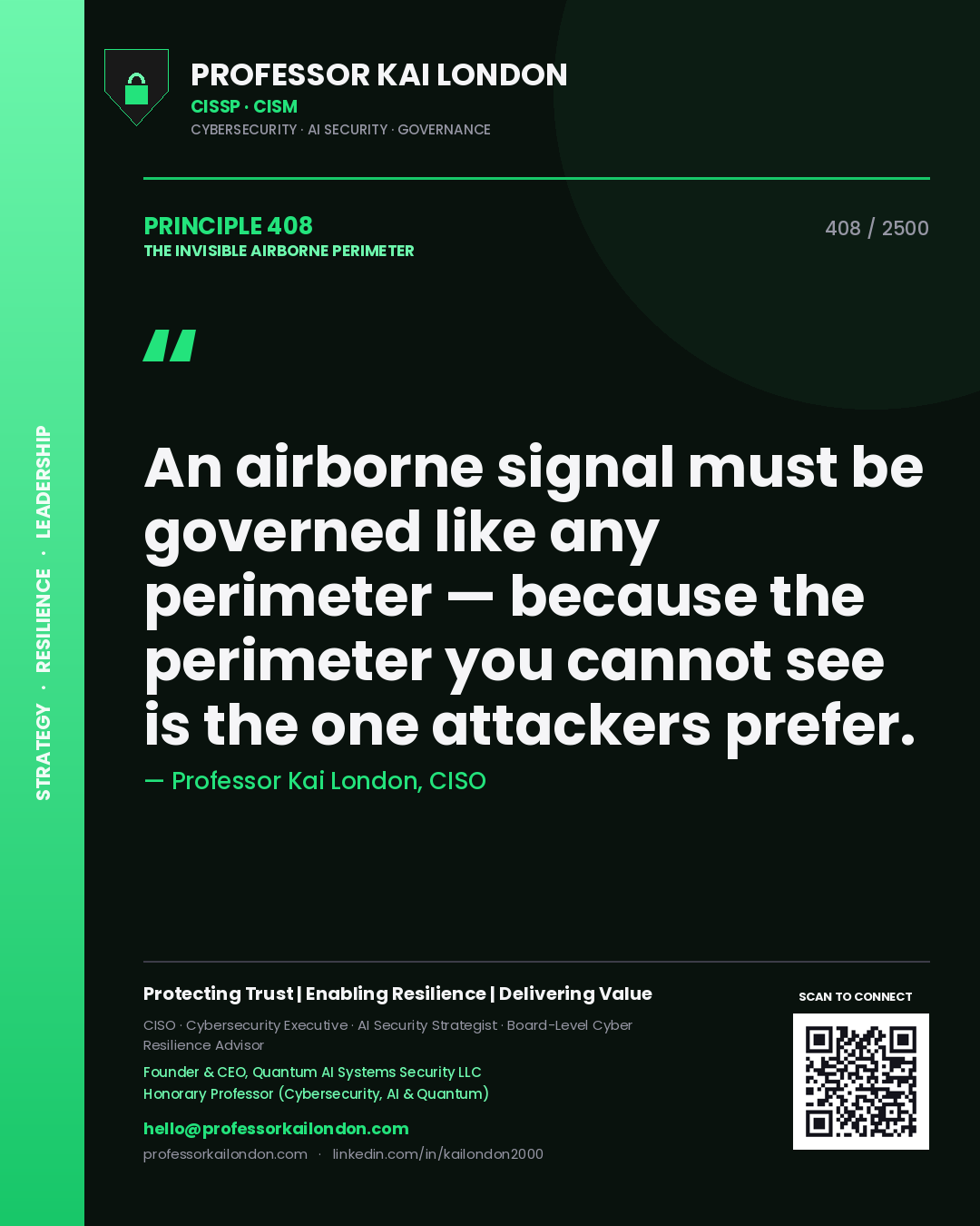 Quote card by Professor Kai London reading 'An airborne signal must be governed like any perimeter — because the perimeter you cannot see is the one attackers prefer.'. From the book The Invisible Airborne Perimeter.