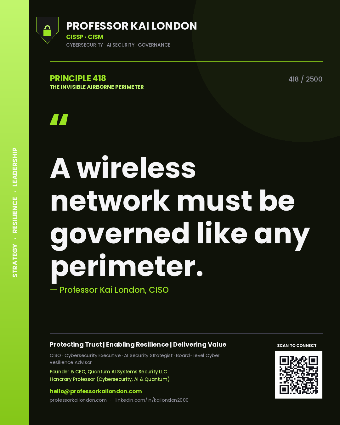 Quote card by Professor Kai London reading 'A wireless network must be governed like any perimeter.'. From the book The Invisible Airborne Perimeter.