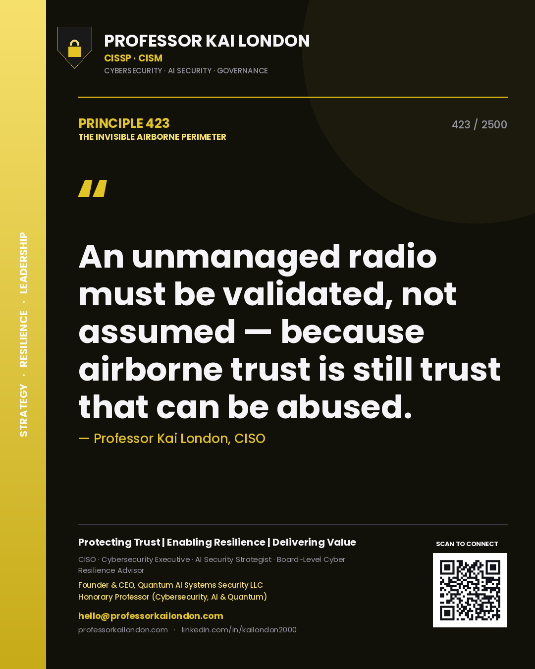 Quote card by Professor Kai London reading 'An unmanaged radio must be validated, not assumed — because airborne trust is still trust that can be abused.'. From the book The Invisible Airborne Perimeter.