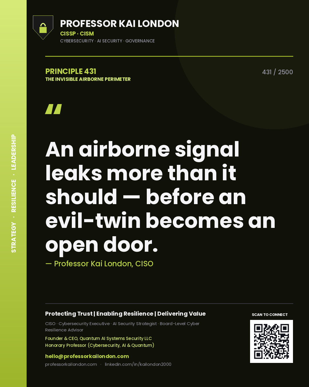 Quote card by Professor Kai London reading 'An airborne signal leaks more than it should — before an evil-twin becomes an open door.'. From the book The Invisible Airborne Perimeter.