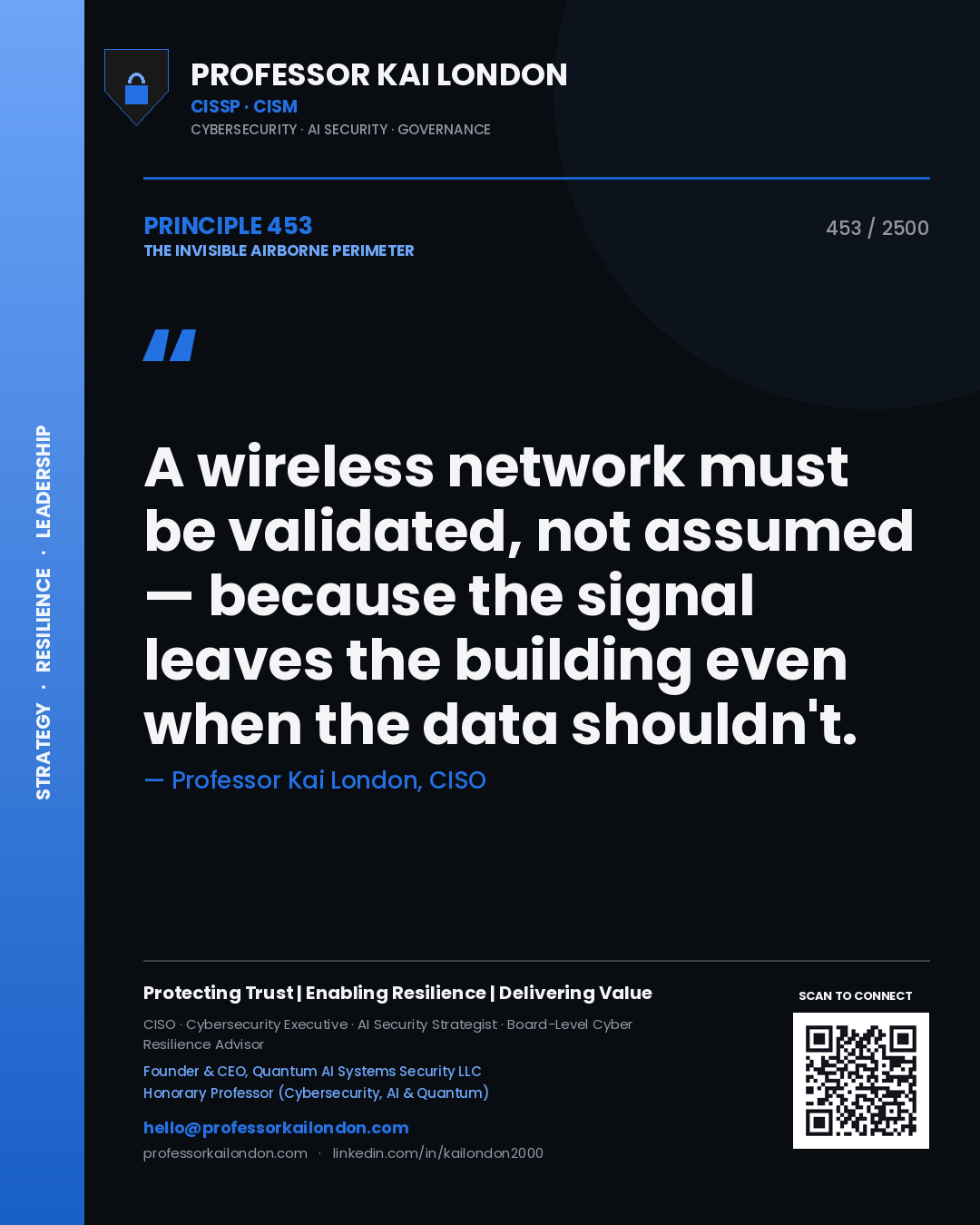 Quote card by Professor Kai London reading 'A wireless network must be validated, not assumed — because the signal leaves the building even when the data shouldn't.'. From the book The Invisible Airborne Perimeter.