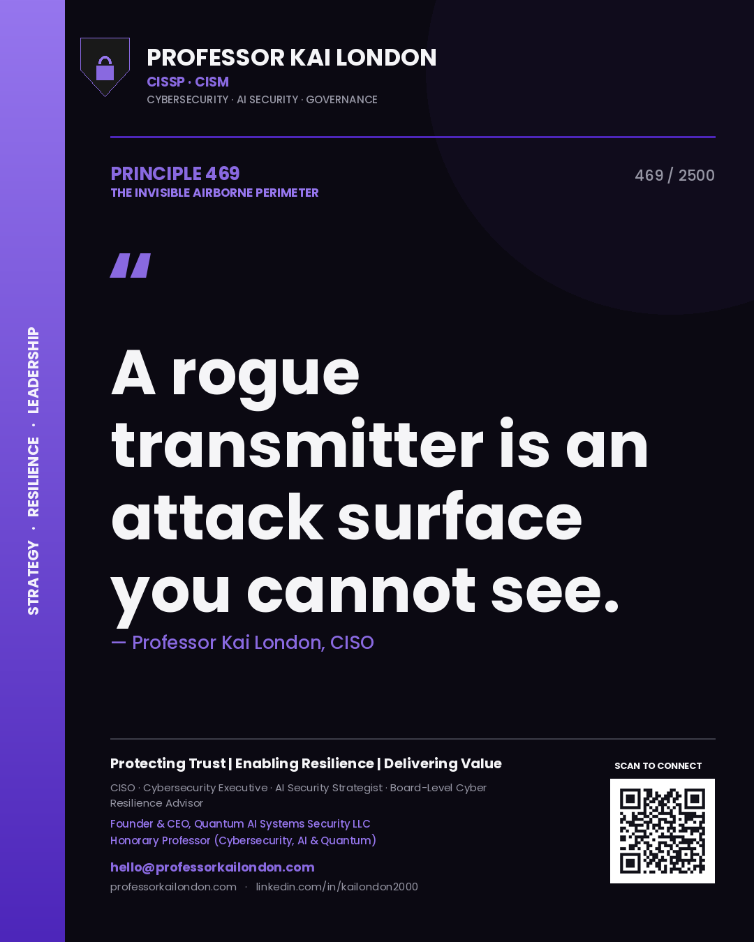 Quote card by Professor Kai London reading 'A rogue transmitter is an attack surface you cannot see.'. From the book The Invisible Airborne Perimeter.