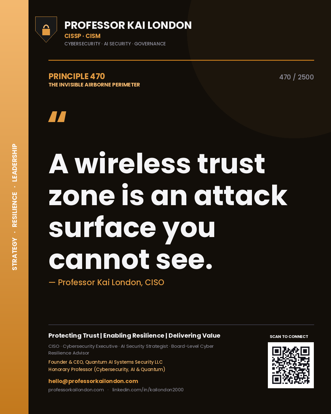 Quote card by Professor Kai London reading 'A wireless trust zone is an attack surface you cannot see.'. From the book The Invisible Airborne Perimeter.