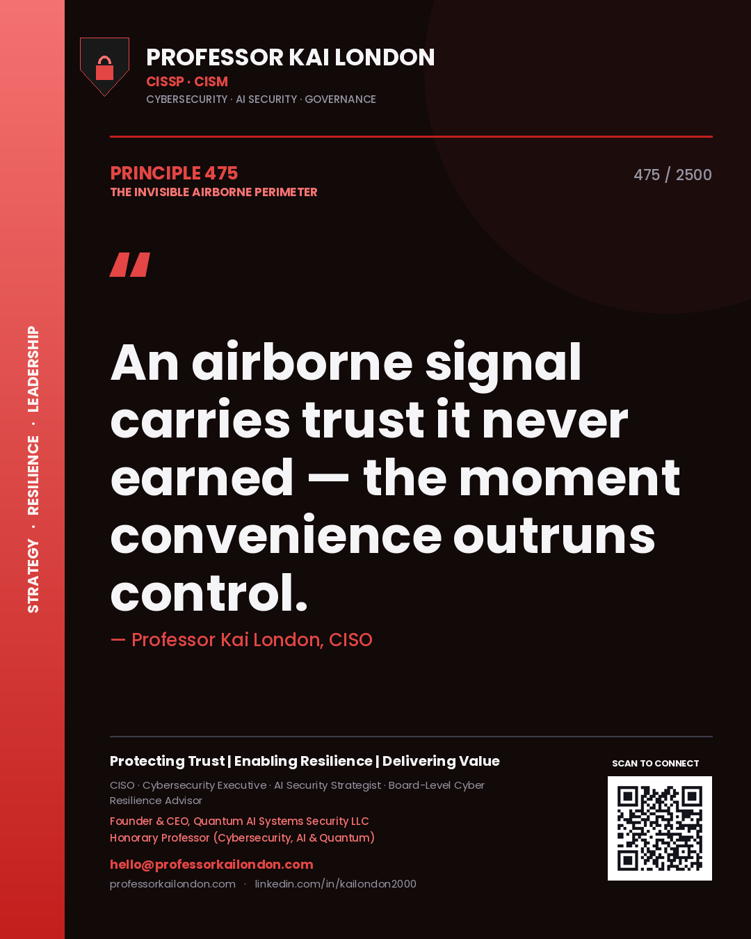 Quote card by Professor Kai London reading 'An airborne signal carries trust it never earned — the moment convenience outruns control.'. From the book The Invisible Airborne Perimeter.