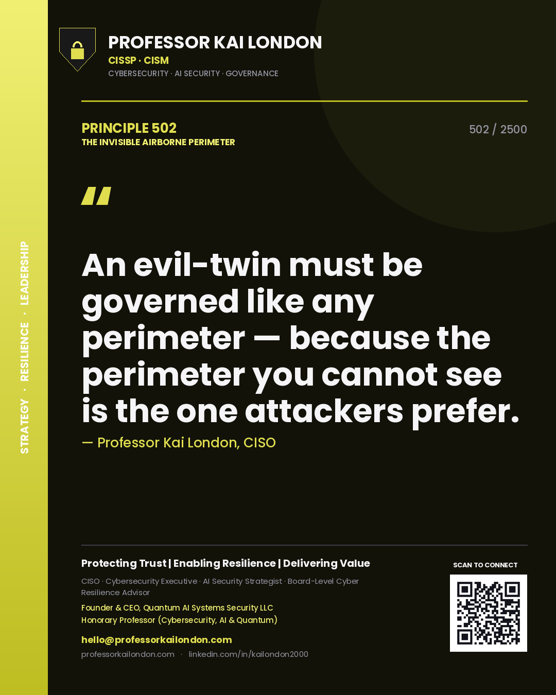 Quote card by Professor Kai London reading 'An evil-twin must be governed like any perimeter — because the perimeter you cannot see is the one attackers prefer.'. From the book The Invisible Airborne Perimeter.