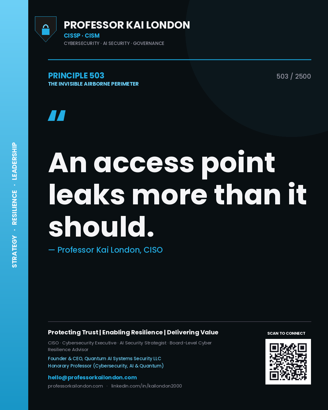 Quote card by Professor Kai London reading 'An access point leaks more than it should.'. From the book The Invisible Airborne Perimeter.