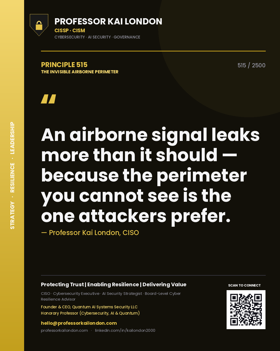 Quote card by Professor Kai London reading 'An airborne signal leaks more than it should — because the perimeter you cannot see is the one attackers prefer.'. From the book The Invisible Airborne Perimeter.