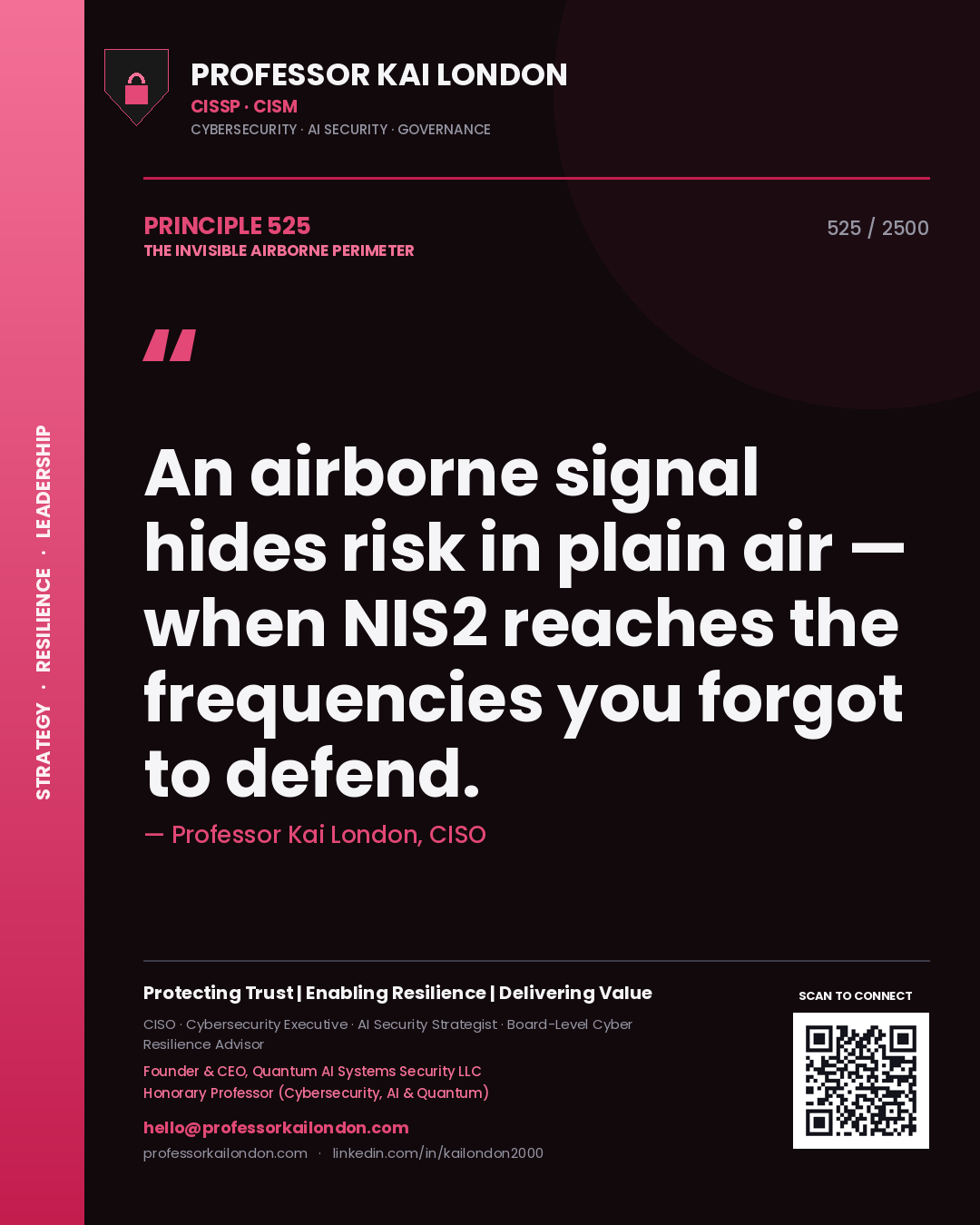 Quote card by Professor Kai London reading 'An airborne signal hides risk in plain air — when NIS2 reaches the frequencies you forgot to defend.'. From the book The Invisible Airborne Perimeter.