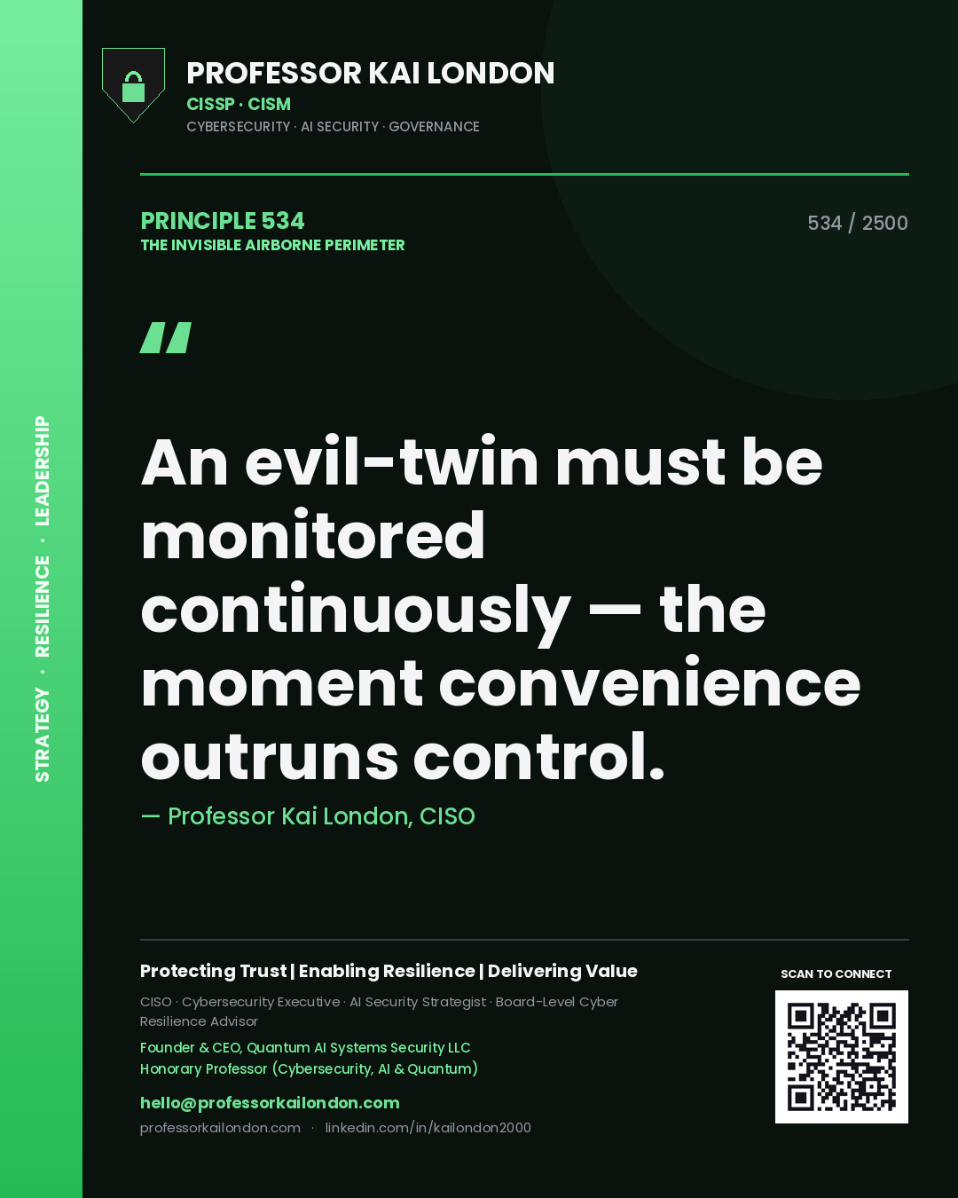 Quote card by Professor Kai London reading 'An evil-twin must be monitored continuously — the moment convenience outruns control.'. From the book The Invisible Airborne Perimeter.