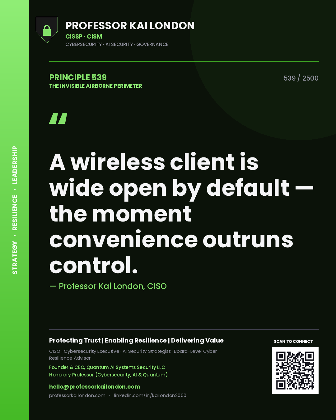 Quote card by Professor Kai London reading 'A wireless client is wide open by default — the moment convenience outruns control.'. From the book The Invisible Airborne Perimeter.