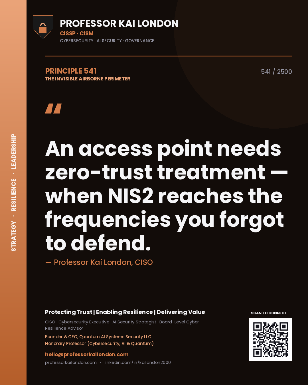 Quote card by Professor Kai London reading 'An access point needs zero-trust treatment — when NIS2 reaches the frequencies you forgot to defend.'. From the book The Invisible Airborne Perimeter.