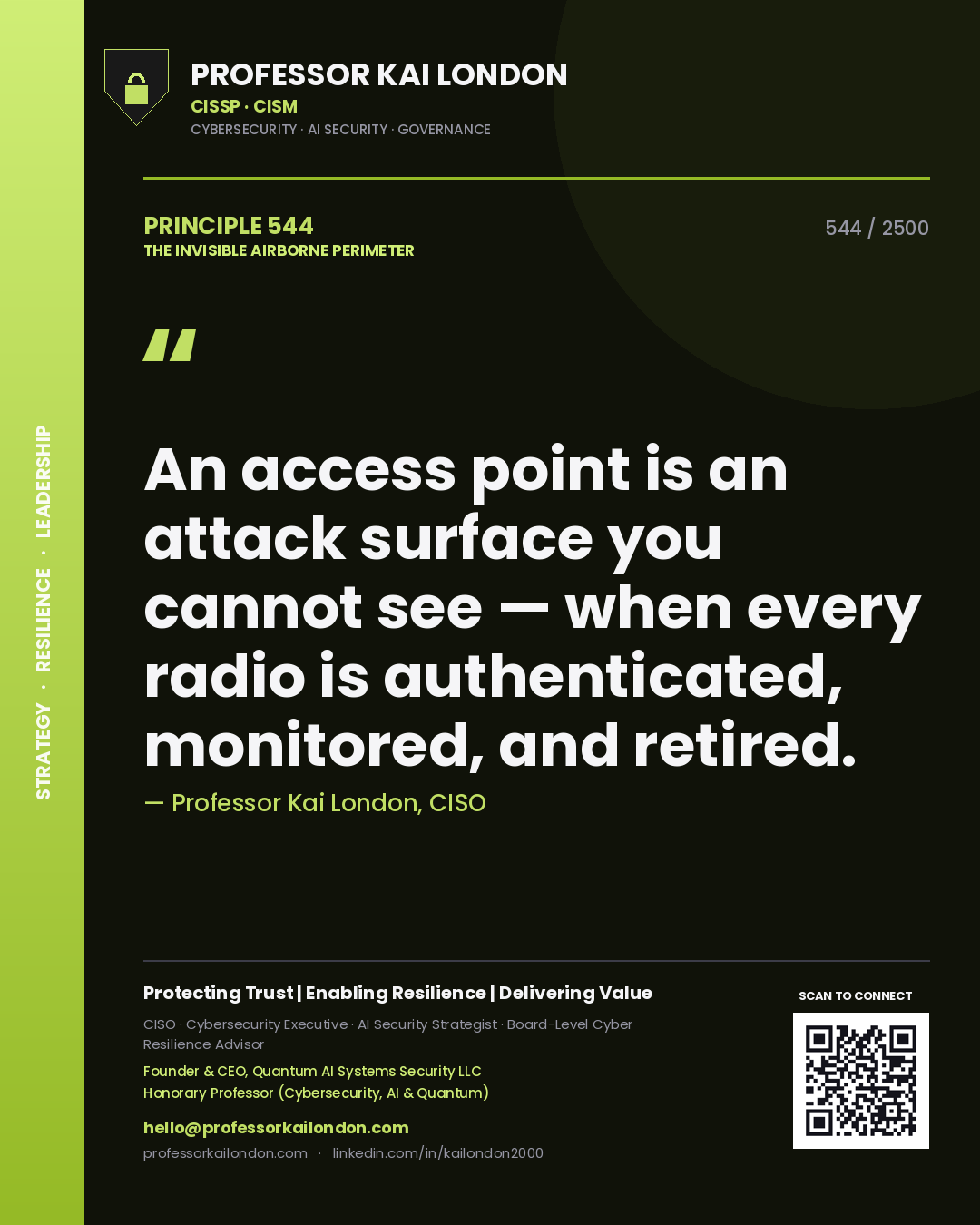 Quote card by Professor Kai London reading 'An access point is an attack surface you cannot see — when every radio is authenticated, monitored, and retired.'. From the book The Invisible Airborne Perimeter.