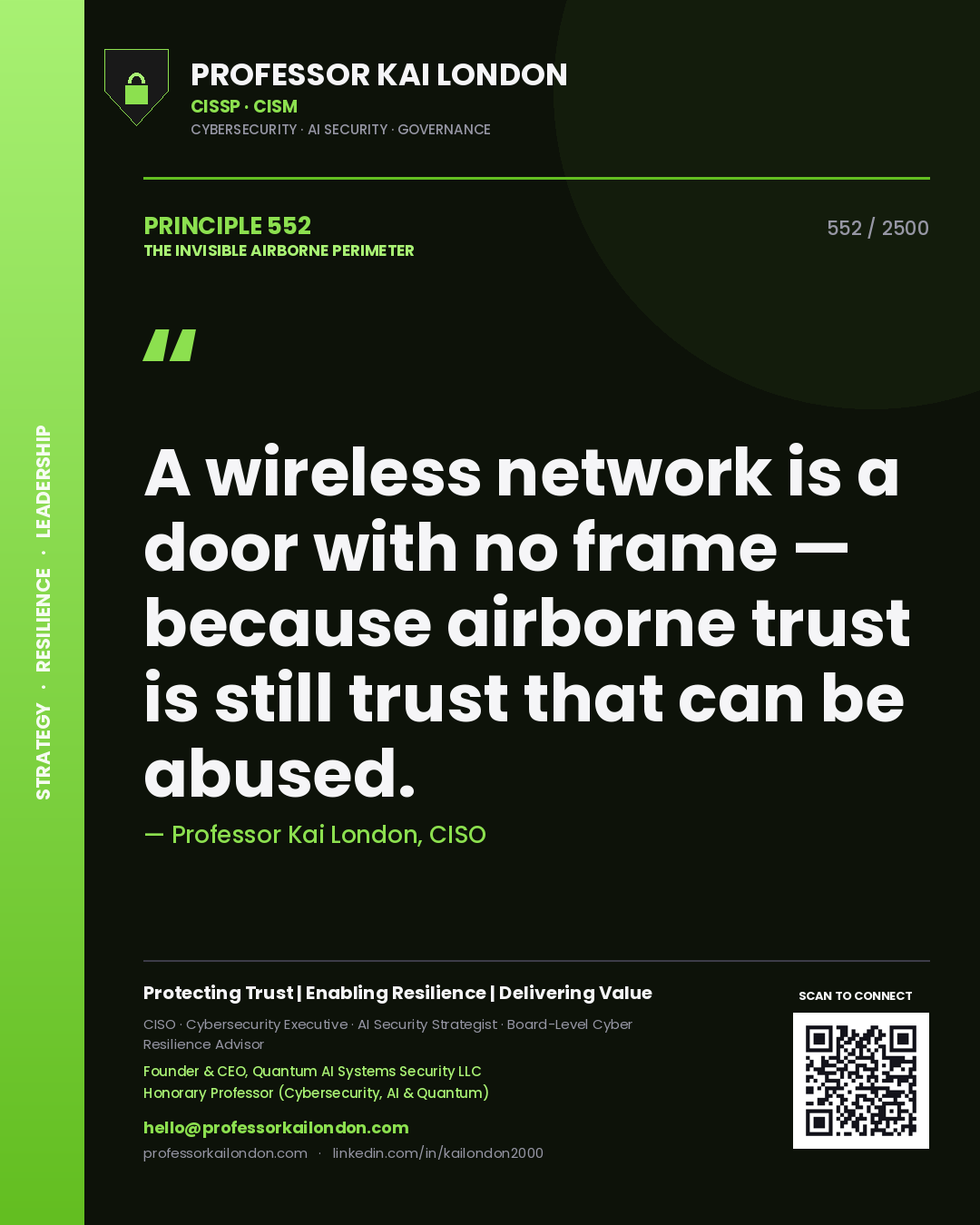 Quote card by Professor Kai London reading 'A wireless network is a door with no frame — because airborne trust is still trust that can be abused.'. From the book The Invisible Airborne Perimeter.