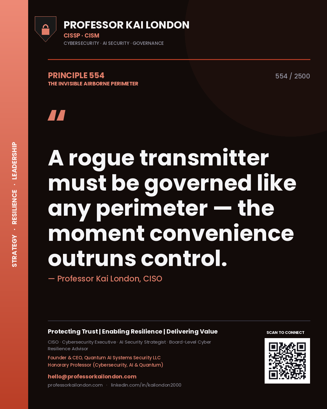 Quote card by Professor Kai London reading 'A rogue transmitter must be governed like any perimeter — the moment convenience outruns control.'. From the book The Invisible Airborne Perimeter.
