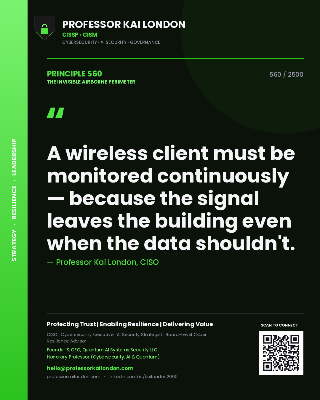 Quote card by Professor Kai London reading 'A wireless client must be monitored continuously — because the signal leaves the building even when the data shouldn't.'. From the book The Invisible Airborne Perimeter.