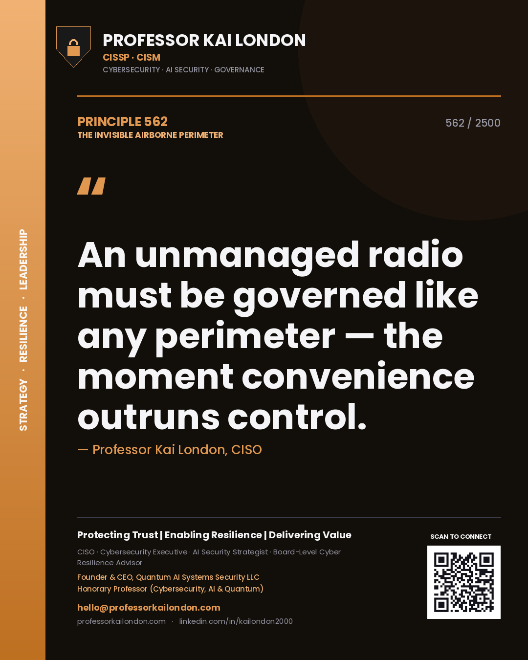 Quote card by Professor Kai London reading 'An unmanaged radio must be governed like any perimeter — the moment convenience outruns control.'. From the book The Invisible Airborne Perimeter.