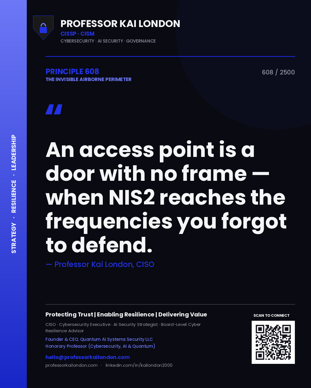 Quote card by Professor Kai London reading 'An access point is a door with no frame — when NIS2 reaches the frequencies you forgot to defend.'. From the book The Invisible Airborne Perimeter.