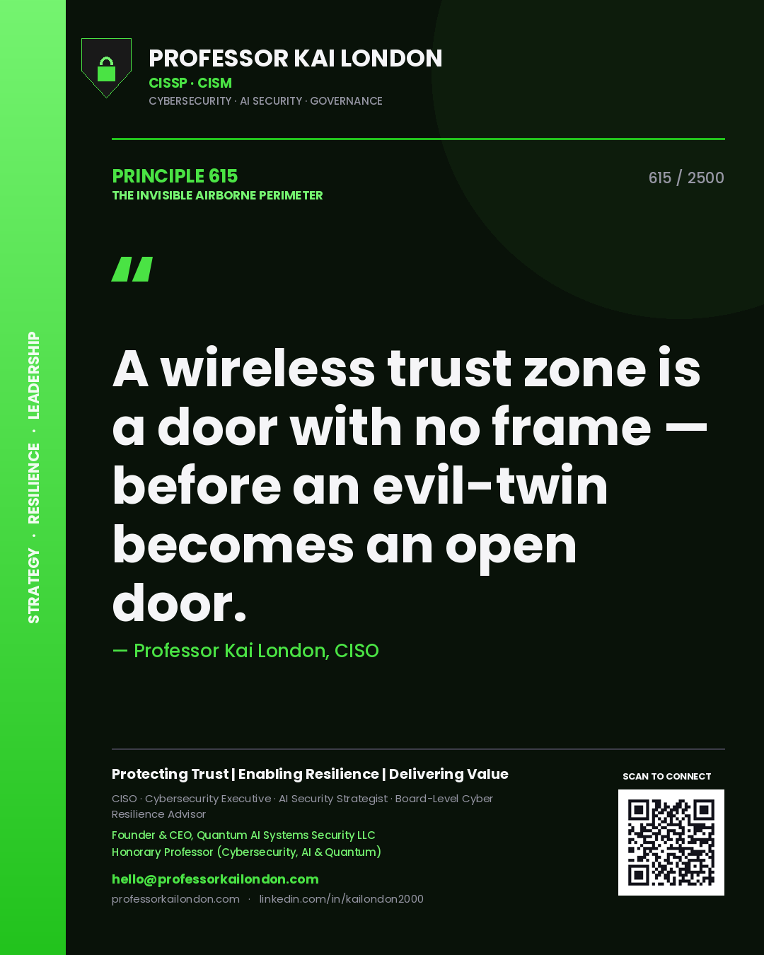 Professor Kai London principle 615: A wireless trust zone is a door with no frame — before an evil-twin becomes an open door.