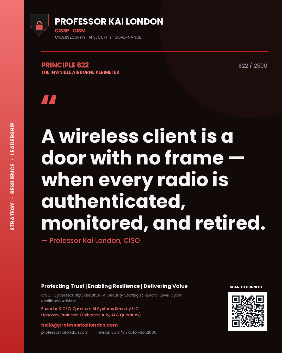 Professor Kai London principle 622: A wireless client is a door with no frame — when every radio is authenticated, monitored, and retired.