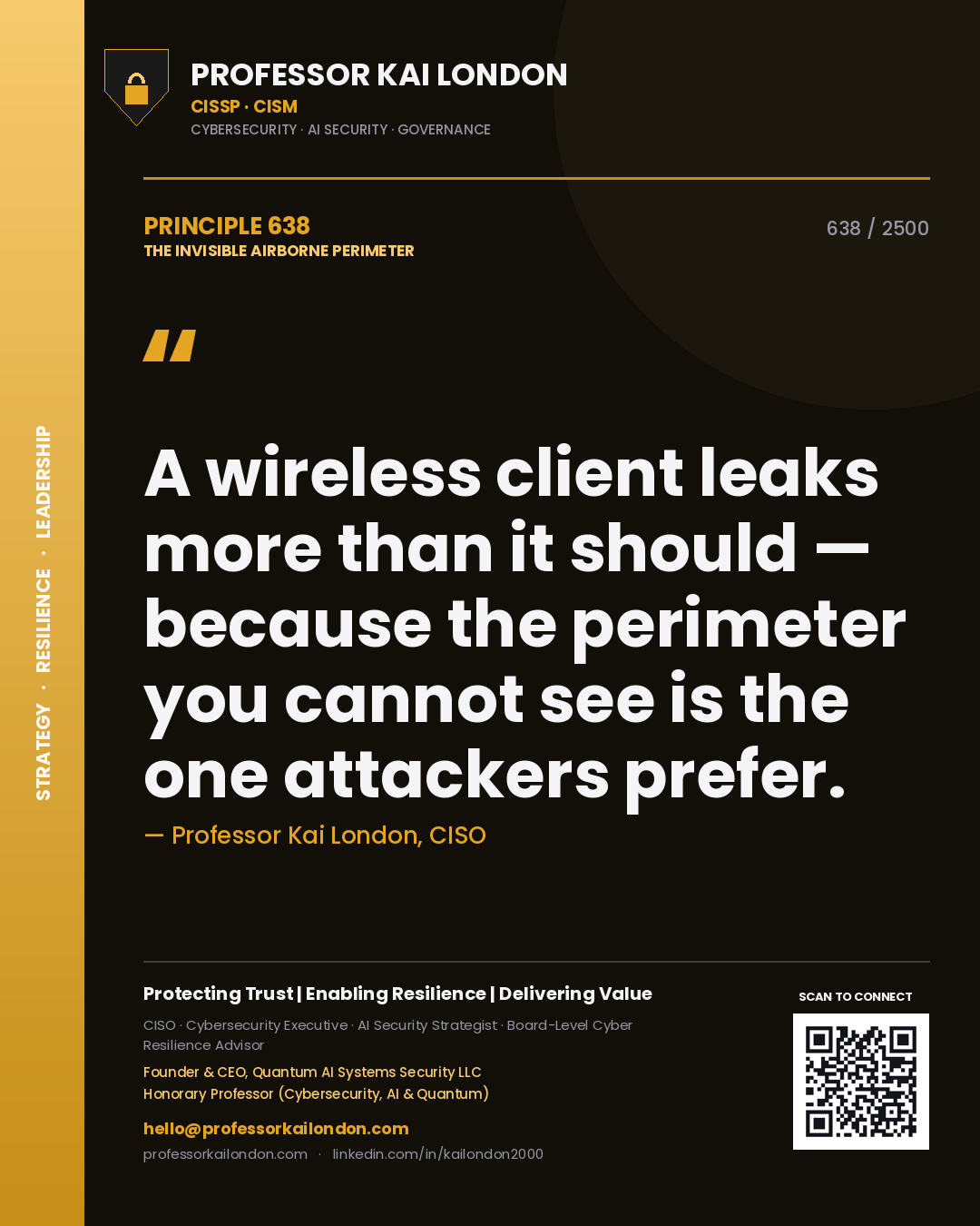 Professor Kai London principle 638: A wireless client leaks more than it should — because the perimeter you cannot see is the one attackers prefer.