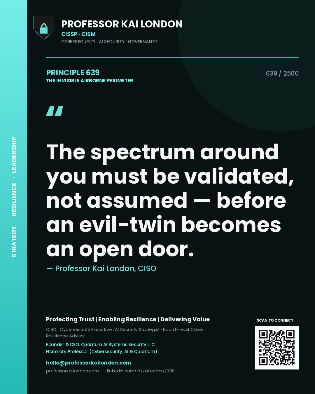 Quote card by Professor Kai London reading 'The spectrum around you must be validated, not assumed — before an evil-twin becomes an open door.'. From the book The Invisible Airborne Perimeter.
